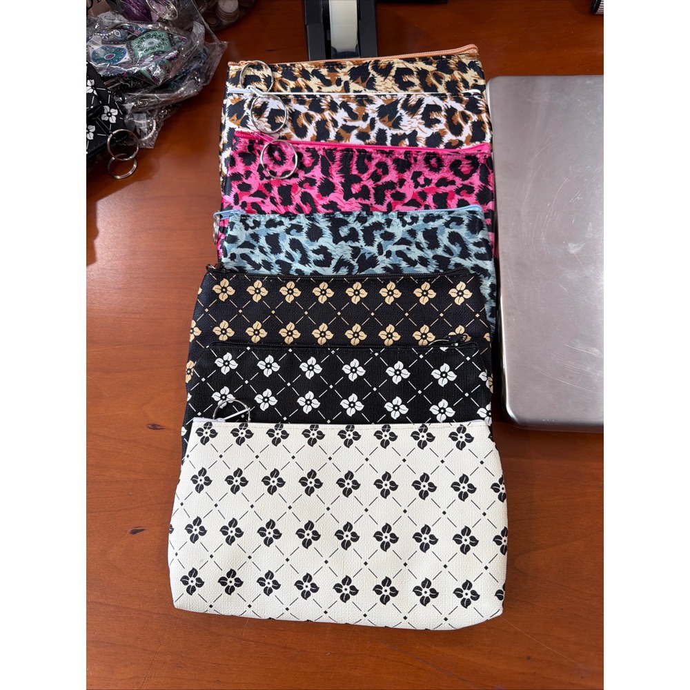 Womens Zippered Pouch Set Leopard Floral Cosmetic Makeup Bag Key Ring 7-Piece